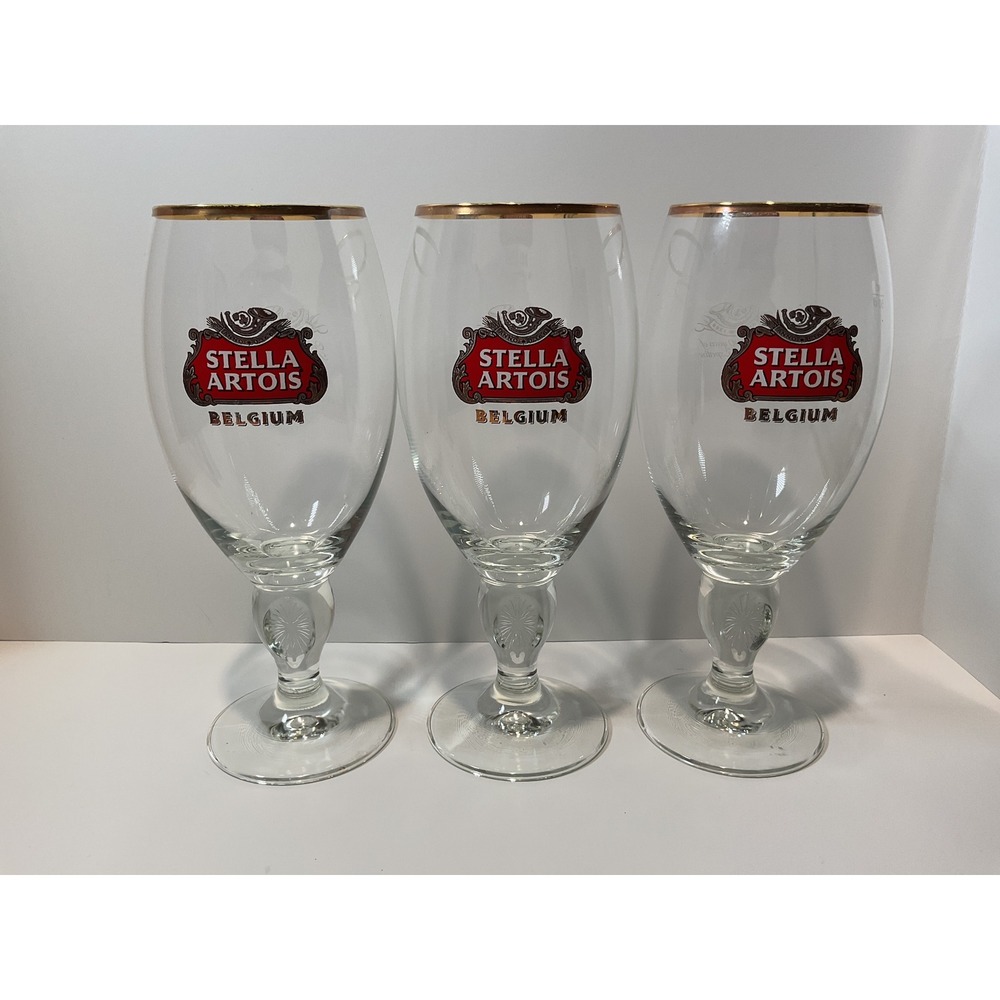 Set of 3 Stella Artois Belgium Beer‎ Glasses Gold Rimmed Chalice Stemware 50cl
